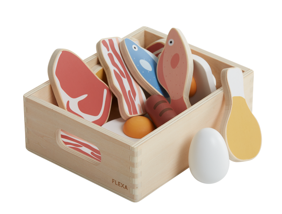 Skrzynka z mięsem, rybami i jajkiem do kuchni dziecięcej - 16 elementów
