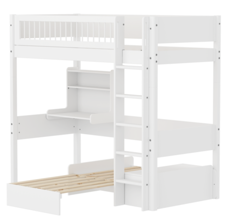 Łóżko wysokie WHITE, szczebelkowe, drabinka prosta, sofa i sekretarzyk, 
