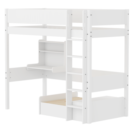 Łóżko wysokie WHITE, poręcz pełna, drabinka prosta, sofa i sekretarzyk,